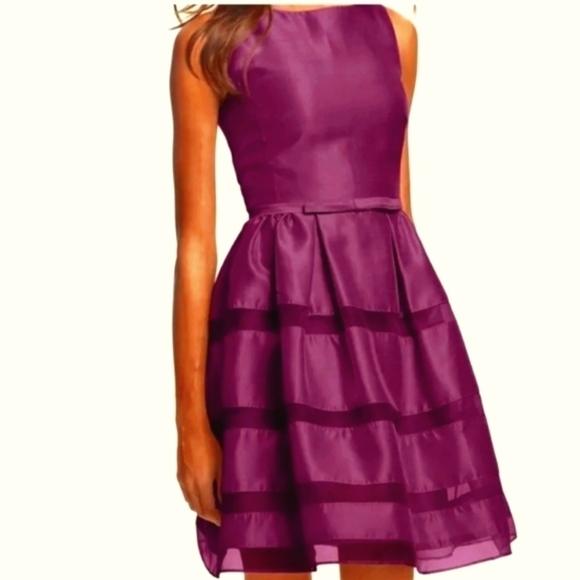 J Taylor Plum Sheer Stripped Overlay Party Dress - Picture 1 of 17